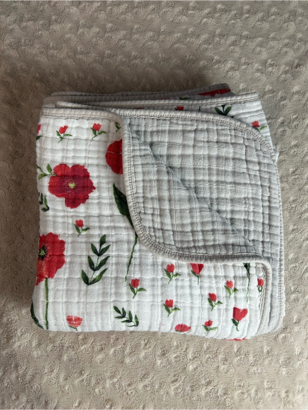 Little Unicorn Summer Poppy Muslin Quilt Baby Blanket Red Flower White Gray